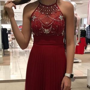 deep red Dillard’s halter top formal dress